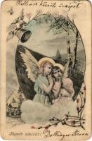 1902 Húsvéti üdvözlet / Easter greeting card, angels praying (levágott sarkak / cut corners)