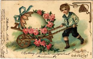 1906 Húsvéti üdvözlet / Easter greeting card, boy with egg. Art Nouveau, Emb. golden litho (EB)