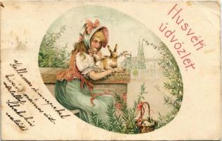 1906 Húsvéti üdvözlet / Easter greeting card, girl with rabbit and eggs. E.S.W. litho (EB)