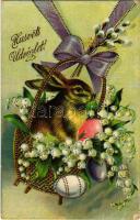 1912 Húsvéti üdvözlet / Easter greeting card, rabbit with eggs. Emb. litho (Rb)