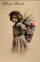 1910 Húsvéti üdvözlet / Easter greeting card, girl with eggs (EK)