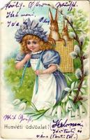 1903 Húsvéti üdvözlet / Easter greeting card, girl with rabbits in her basket. litho (EM)