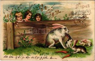 1906 Húsvéti üdvözlet / Easter greeting card, children with rabbits. Emb. litho (Rb)