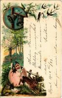 1902 Húsvéti üdvözlet / Easter greeting card, dwarf with rabbit, bells, swallows. Art Nouveau, litho (EK)