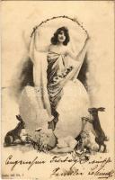 1904 Easter greeting card, lady with rabbits, egg. Serie 932. Nr. 2. (EK)