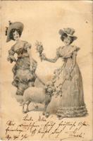 1901 Easter greeting card, ladies with sheep. B.K.W.I. (EK)