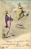 1903 Easter greeting card, romantic couple with rabbits and eggs (EB)