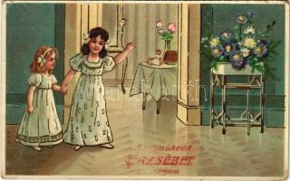 1912 Szívélyes üdvözlet Erzsébet névnapjára / Hungarian Name Day greeting card. M.S.i.B. litho (Rb)
