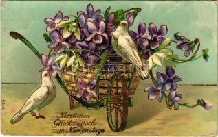 Herzlichen Glückwunsch zum Namenstage / Name Day greeting card. M.S.i.B. golden litho (Rb)