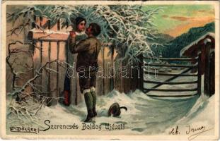 1904 Fröhliche Weihnachten / Christmas greeting card, angels. litho (szakadás / tear)