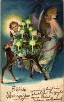 1907 Fröhliche Weihnachten / Christmas greeting art postcard, angel with deer, Christmas tree, toys. Emb. litho (EK)