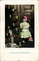 Fröhliche Weihnachten / Christmas greeting art card, girl with Christmas tree, toys (EK)