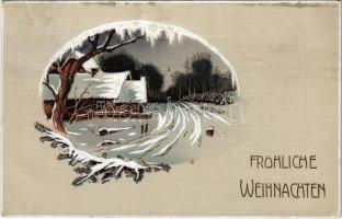 1911 Fröhliche Weihnachten / Christmas greeting art postcard, winter, snowy road. Emb. litho (EK)