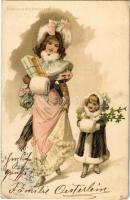 1902 Fröhliche Weihnachten / Christmas greeting art postcard, lady with toys. litho (Rb)