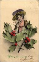 1911 Boldog Karácsonyt! / Christmas greeting card with lady. Marque Deposé Vienne Serie 66. (Rb)
