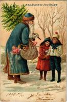 1904 Karácsonyi üdvözlet / Christmas greeting art postcard, Saint Nicholas with children and a bag of toys. Nr. 775. litho (EB)