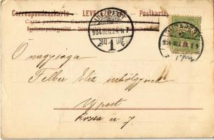 1904 Karácsonyi üdvözlet / Christmas greeting art postcard, Saint Nicholas with children and a bag o...