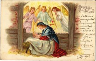 1906 Karácsonyi üdvözlet / Christmas greeting art postcard, Mary with Baby Jesus and angels. Emb. litho (apró lyuk / tiny pinhole)