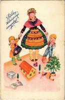 1935 Boldog Karácsonyi ünnepeket! / Christmas greeting art postcard, Hungarian folklore, children with toys (EK)