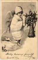 1902 Boldog Karácsonyi ünnepeket! / Christmas greeting art postcard, child with candle, winter (EK)