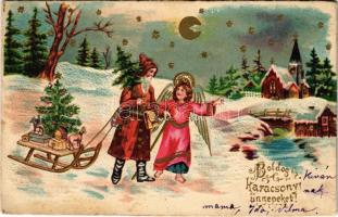 1902 Boldog Karácsonyi ünnepeket! / Christmas greeting art postcard, Saint Nicholas with angel, toys. Emb. litho (EK)