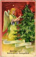 Boldog Karácsonyi ünnepeket! / Christmas greeting art postcard, angel, Christmas tree. litho (szakadás / tear)