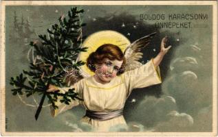 1908 Boldog Karácsonyi ünnepeket! / Christmas greeting art postcard, angel with Christmas tree. Emb. litho (fl)