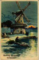 1908 Boldog Karácsonyi ünnepeket! / Christmas greeting art postcard, windmill. litho (fa)