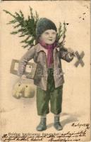 1903 Boldog Karácsonyi ünnepeket! / Christmas greeting art postcard, boy with Christmas tree and toys. B.K.W.I. No. 2056/I. (kis szakadás / small tear)