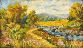 Sáray jelzéssel: Patak híddal. Olaj, karton. Díszes fa keretben. 15x25 cm