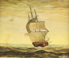 Matzon jelzéssel: Hajó. Akvarell, papír. Sérült üvegezett fa keretben. 5x6 cm