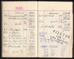 1938-43 Löw Divatház, Kaposvár, bevásárlási könyv 50 fillér okmánybélyeggel, több, néhány későbbi be...