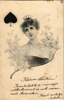 1901 Lady on playing card, The Queen of Spades. Floral (vágott / cut)