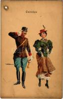 Csárdás / Hungarian romantic art postcard, dance ball, lady with officer. Kosmos Műintézet litho s: Geiger R. (lyukasztott / punched hole)