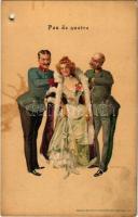 Pas de quatre / Hungarian romantic art postcard, dance ball, lady with officers. Kosmos Műintézet litho s: Geiger R. (lyukasztott / punched hole)