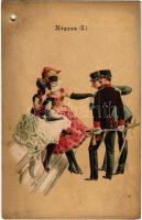 Négyes (I.) / Hungarian romantic art postcard, dance ball, lady with officers. Kosmos Műintézet litho s: Geiger R. (lyukasztott / punched hole)