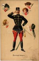 Keringő (Hölgyv.) / Hungarian romantic art postcard, dance ball, lady with officers. Kosmos Műintézet litho s: Geiger R. (lyukasztott / punched hole)