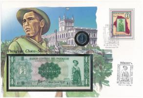 Paraguay "Chaco katona" érmés és bankjegyes, pecsételt boríték benne 1984. 1G rozsdamentesacél érmével és 1952. 1G bankjeggyel a PHILSWISS kiadásában, német leírással T:1,I