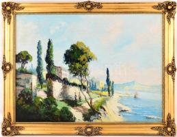 Olvashatatlan jelzéssel: Napfényes mediterrán vízpart. Olaj, vászon. Díszes, historizáló stílusú ker...