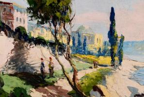 Olvashatatlan jelzéssel: Napfényes mediterrán vízpart. Olaj, vászon. Díszes, historizáló stílusú ker...