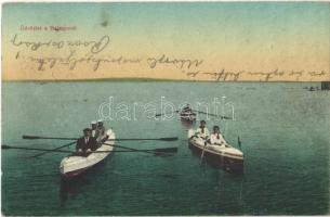 1926 Balaton, elegáns hölgyek és urak evezős csónakokban, sport. Vasúti Levelezőlapárusítás 2415.