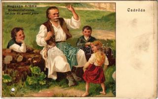 Nagyapa öröme / Hungarian folklore art postcard. Kosmos Műintézet litho (lyukasztott / punched hole)