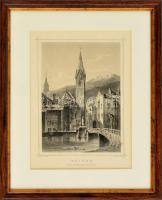 Brixen tyroli város látképe, acélmetszet, (J. M. Kolt metszette L. Lange festménye után), paszpartub...