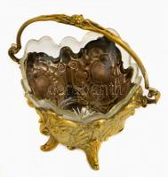 Réz kínáló kosárka, üveg betéttel, (lepattanással) d: 15 cm, m: 19 cm