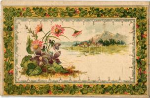 1909 Art Nouveau, floral greeting card with clovers, landscape. litho (fl)
