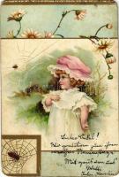 1903 Art Nouveau litho greeting card, girl with spiderweb (cut corners)