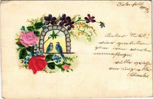 1900 Art Nouveau, floral greeting card with swallows, silk flowers. Emb. litho (fa)