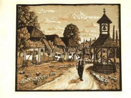 1936 Némethy Béla (1897-1984): Göcseji falu utcája, linómetszet, papír, jelzett, hullámos, foltos, kis szakadással, a széleken ragasztásnyomokkal, 24x29 cm
