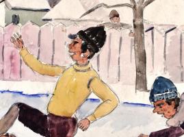 Vajda Ferenc (1892-?): Korcsolyázók. Akvarell, ceruza, papír, jelzett. Paszpartuban. 28,5x42 cm