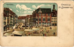 Sankt Johann (Saarbrücken), Marktplatz / market vendors, shops. Verlag u. Druck Kunstanstalt Rosenblatt 6375. litho (EK)